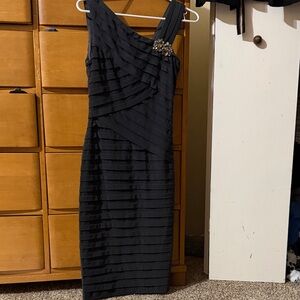 Xscape Black Midi Dress with Brooch Detail